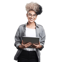 Beautiful african american young woman smile holding tablet computer pc, isolated on white and transparent background, ai generate