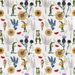 Seamless pattern with summer print. Illustration with ice cream, sunflower, frogs, watermelon, flowers, blossoms, skateboard, swim circle for fabric, wallpapers, textile, paper, books, toys