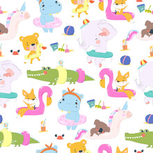 Vector Seamless Pattern With Cute Animals In An Inflatable Circles