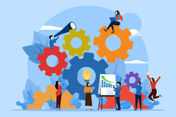 Wall Mural - concept of teamwork in business, tiny people launch mechanisms to achieve ideas, light bulbs shine, ideas emerge, symbol of creativity, mind, thinking. Flat vector illustration.