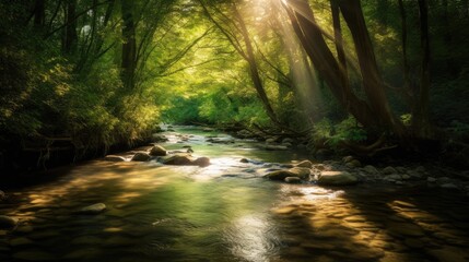 Wall Mural - A crystal-clear stream meandering through a lush forest, with sunbeams filtering through the trees and casting dappled shadows on the sparkling water. Generative AI