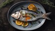 Fresh raw fish seabass on a plate with lemon slices. Sea bass on a dark rustic background. Generative AI