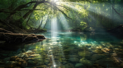 Wall Mural - A crystal-clear stream meandering through a lush forest, with sunbeams filtering through the trees and casting dappled shadows on the sparkling water. Generative AI