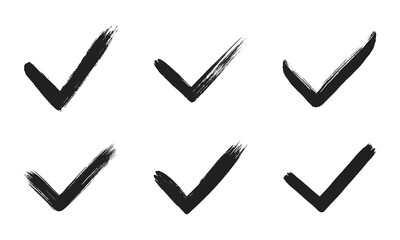 Dirty grunge hand drawn tick v with brush strokes vector illustration set isolated on white background mark graphic design. Check mark symbol YES button for vote in check box, web, etc.