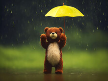  Teddy Bear With Umbrella In The Rain. Generative Ai