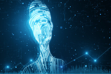 Aufkleber - Abstract digital fingerprint man or person silhouette on blurry blue wallpaper. Identity, technology and secure concept. 3D Rendering.