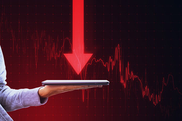 Poster - Close up of female hands holding smartphone with downward red business chart and arrows on blurry background. Crisis, recession and financial failure concept.