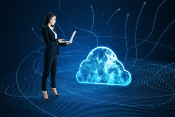 Aufkleber - Side view of attractive young businesswoman using laptop with digital polygonal cloud with lines on blue background. Cloud storage and computing concept.