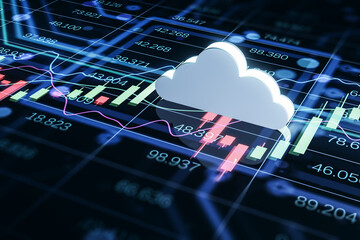 Poster - Abstract cloud on blue forex chart wallpaper. Market growth and data server concept. 3D Rendering.