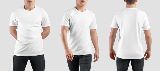 Wall Mural - White t-shirt mockup on guy, front, back view, stylish shirt isolated on background. Set