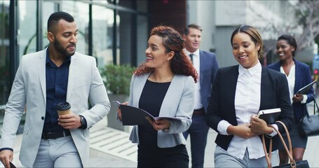 Poster - Collaboration, documents and a business team walking in a city while planning or talking strategy. Teamwork, diversity or discussion with men and women colleagues commuting together in an urban town