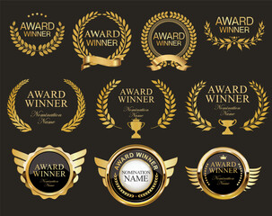 Wall Mural - award winner emblem collection of gold laurel wreath vector illustration