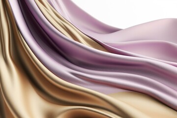 Wall Mural - Sleek design with mauve & yellow waves on white background, 3D rendered with silk & gold textures. Generative AI