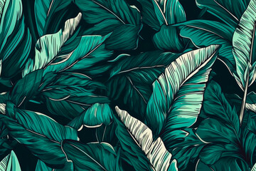 Wall Mural - Hand-drawn tropical leaf seamless pattern with summer vibes. Floral illustration for creative artwork. Generative AI