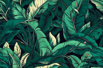 Wall Mural - Botanical hand-drawn leaf seamless pattern. Tropical illustration. Generative AI