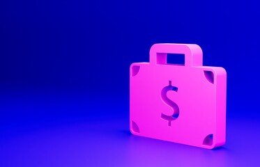 Wall Mural - Pink Briefcase and money icon isolated on blue background. Business case sign. Business portfolio. Minimalism concept. 3D render illustration