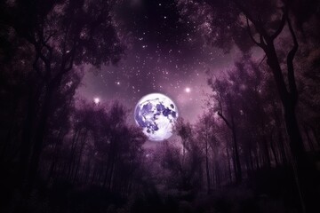 Wall Mural - dark purple forest with moon and stars shining above, casting magical light, created with generative
