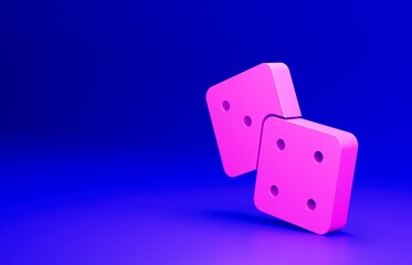 Canvas Print - Pink Game dice icon isolated on blue background. Casino gambling. Minimalism concept. 3D render illustration