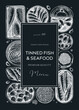 Canned fish frame design on chalkboard. Seafood background with hand-drawn sardines, anchovy, mackerel, tuna, mussels in tin can, fish canape drawings. Healthy food flyer or banner. Tinned fish sketch