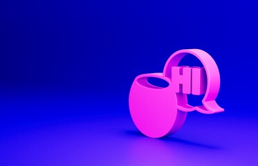 Poster - Pink Voice assistant icon isolated on blue background. Voice control user interface smart speaker. Minimalism concept. 3D render illustration