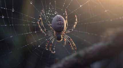 Striped spider in the nature, on its web full of drops