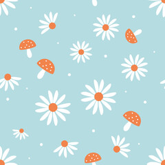 Sticker - Seamless pattern with daisy flowers and mushroom on blue background vector.