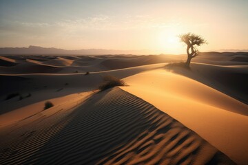 Wall Mural - Desolate desert at dawn, featuring a towering sand dune with wind-swept ridges and a lone cactus standing guard in the distance. Generative AI