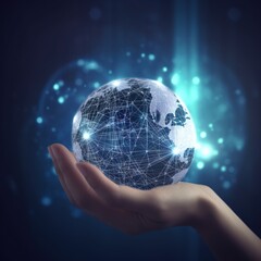 Poster - the idea of a global communication network, hands holding a blue planet, and data exchanges. generative ai
