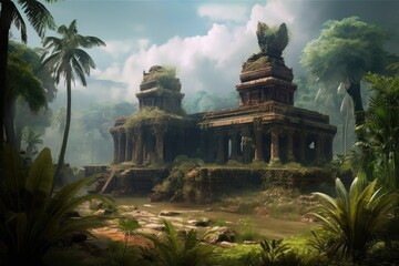 Poster - exotic destination, with view of the ruins of an ancient temple, created with generative ai