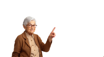 Old Woman pointing her finger. Isolated on white background with copy space, sharing wisdom and advice, shallow depth of field, Illustrative Generative AI. Not a real person.