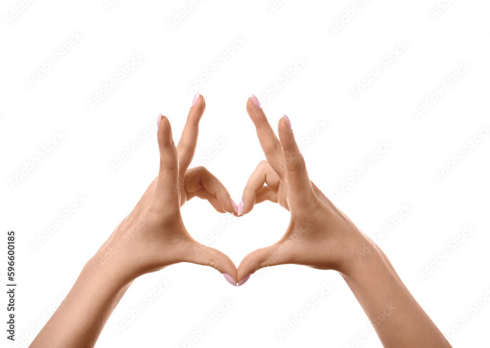 Woman making heart with her hands on white background