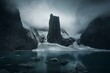 Dark towering monolith looms over a misty glacier lake in Antarctica. Generative AI