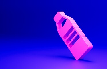 Sticker - Pink Bottle of water icon isolated on blue background. Soda aqua drink sign. Minimalism concept. 3D render illustration