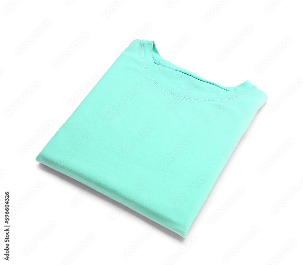Folded blue t-shirt on white background