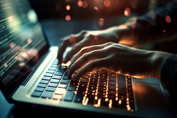 Glowing laptop with close - up shot of person's hands typing on the laptop keyboard and blurred out background with bright light shining behind and illuminating the laptop. Generative AI