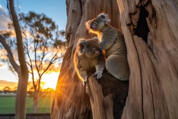 Wall Mural - koala clinging to its mother, who is climbing tree trunk, with the view of the sunset in the background, created with generative ai