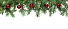 Christmas Tree Branches With Red Balls In PNG Isolated On Transparent Background, Border