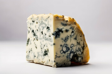 Blue cheese, dor blue or roquefort mold cheese slice on cutting board, generative ai.