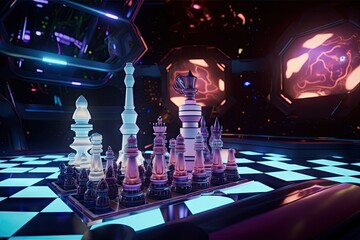 Wall Mural - neon chess on futuristic spaceship, with view of stars and planets visible through the windows, crea