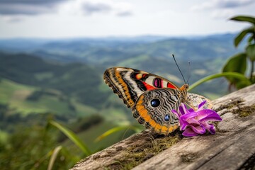 Wall Mural - butterfly resting on flower with view of rolling hills, created with generative ai