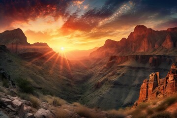 Wall Mural - majestic mountain range, with the sun setting behind a fiery canyon sunset, created with generative ai
