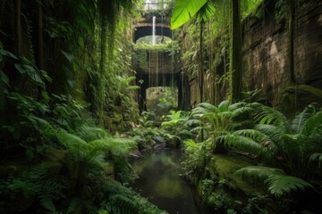 Wall Mural - lush jungle with towering waterfalls and lush greenery, created with generative ai