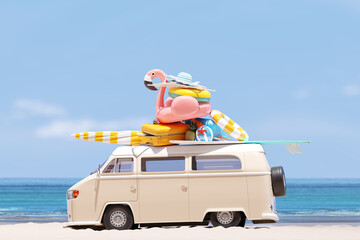 Summer vacation, travel holiday, van and beach accessories with beautiful sea background. 3d rendering	