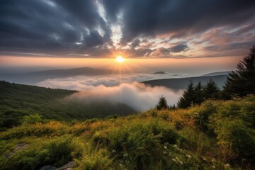 Wall Mural - majestic mountain sunrise with a view of the rolling clouds, created with generative ai