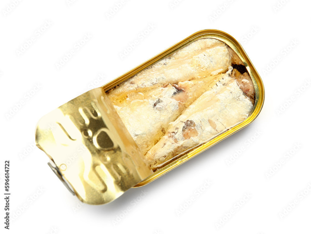Opened tin can with fish isolated on white background
