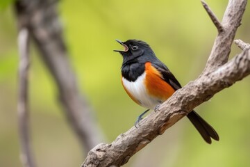 Wall Mural - redstart bird perched on tree branch, singing its sweet song, created with generative ai