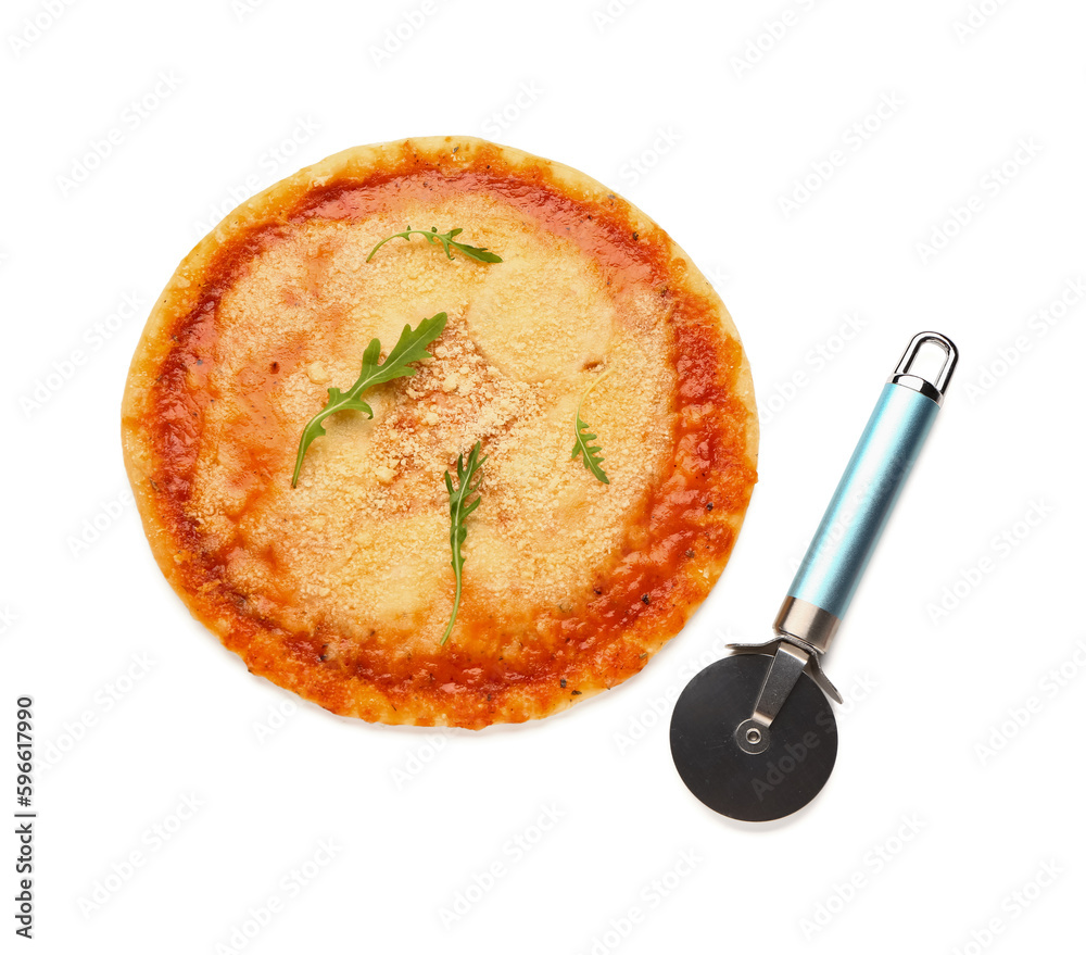 Tasty pizza with parmesan cheese and cutter on white background