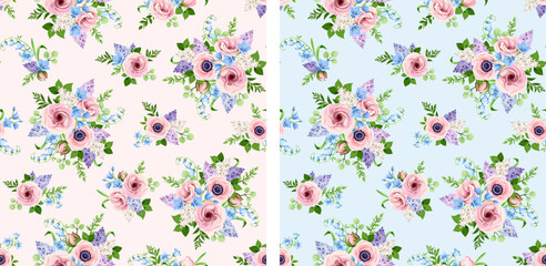 Wall Mural - seamless floral patterns with pink, blue, and purple lisianthus, anemone, bluebell, and lilac flower