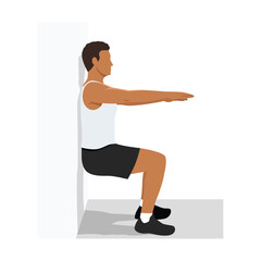 Wall Mural - Man doing wall sit exercise. Flat vector