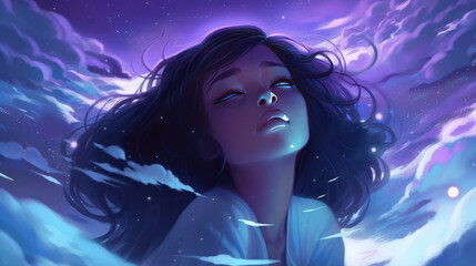 Wall Mural - lucid dreaming astral projection close up woman meditation illustration generative ai